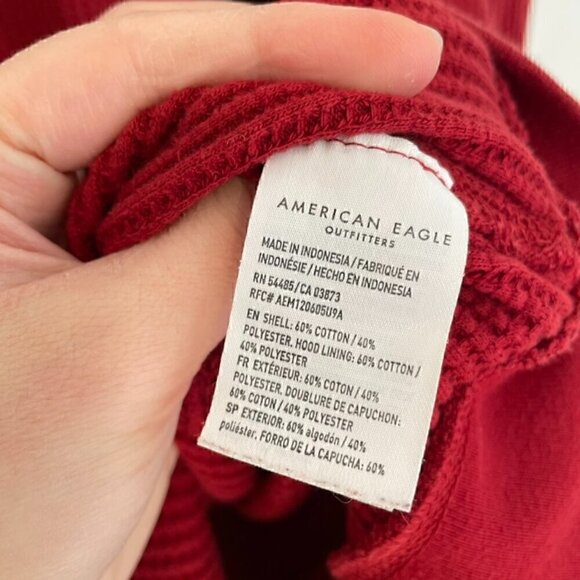 AMERICAN EAGLE Mens Solid Red Pullover Waffle Knit Thermal Hoodie Sweatshirt M - Picture 7 of 16